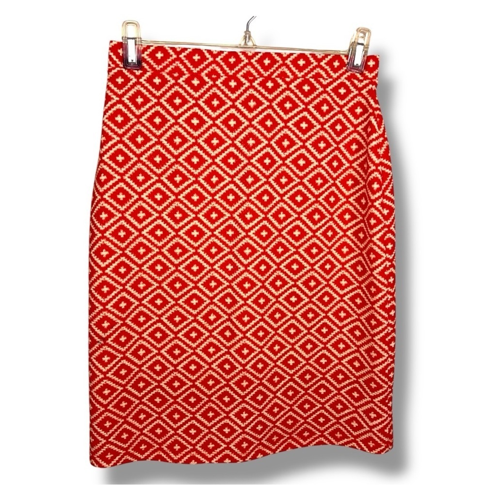 Small Gilli Red Ivory Geometric Tribal Print Lined Pencil Skirt Stretch Pull On